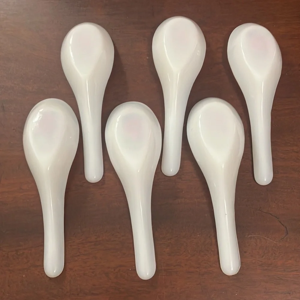 Set of 6 Floral Opaline Glass Soup Spoons Vintage Korean Opal